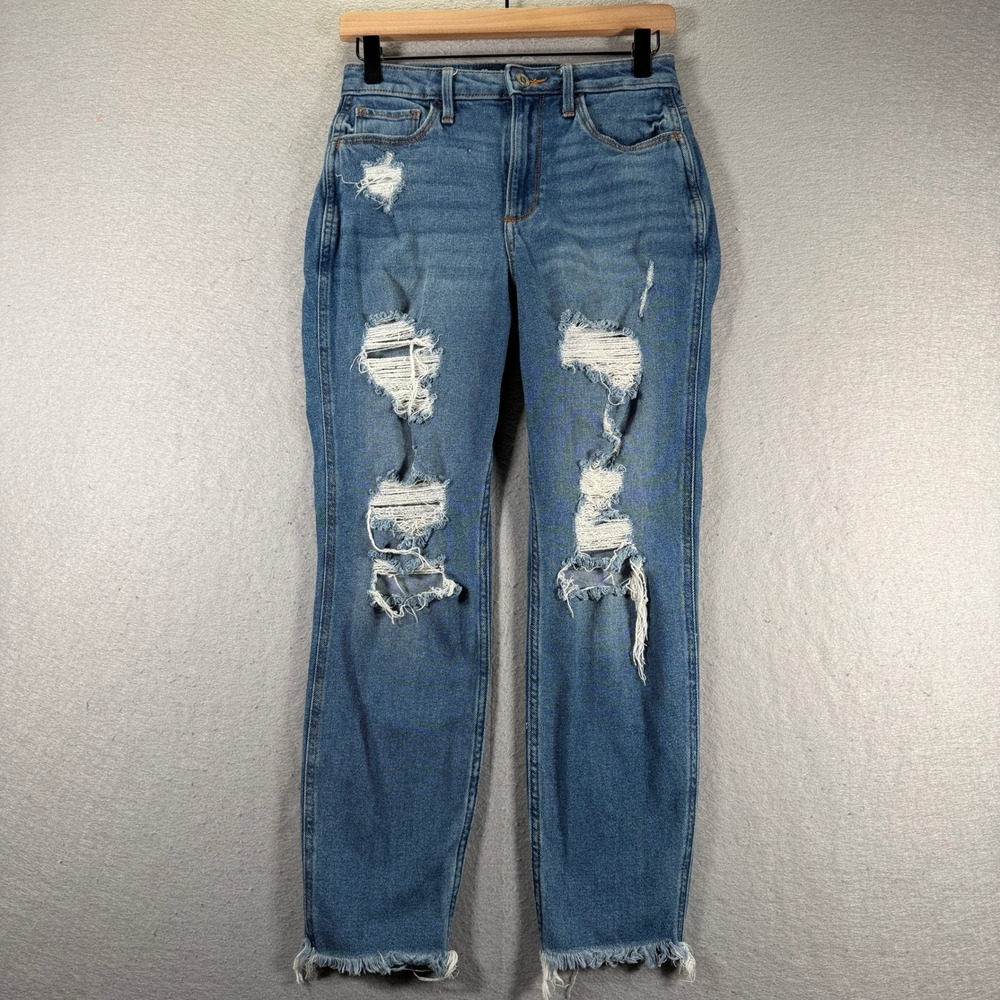 Hollister Curvy High Rise Mom Jean Distressed Ripped Blue Denim W26 L27